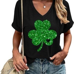 Black V-Neck Tee with Glitter Green Shamrock